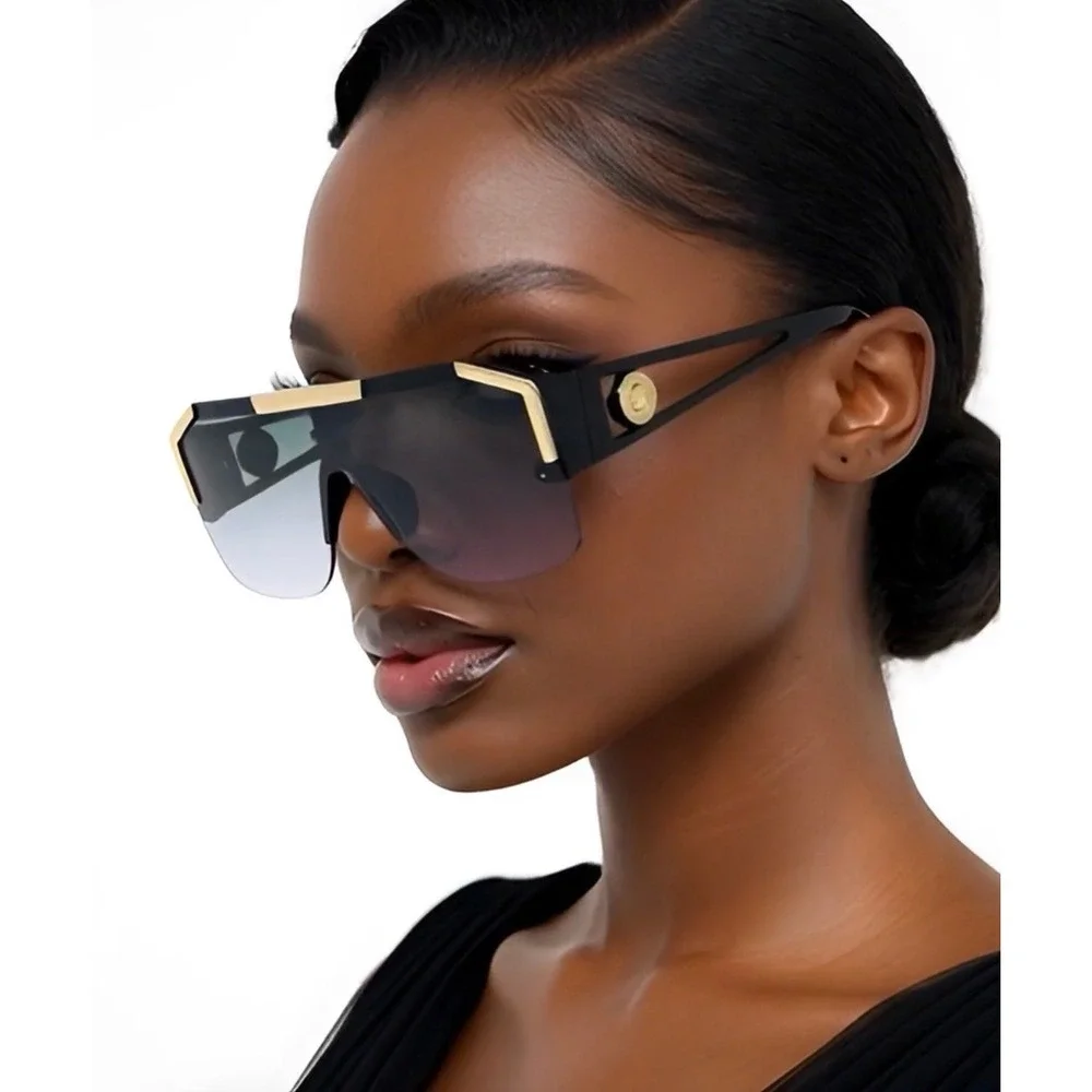 Shield Sunglasses Gold Top Metal Bar Trim Rimless Oversized Shadades Square‎ New